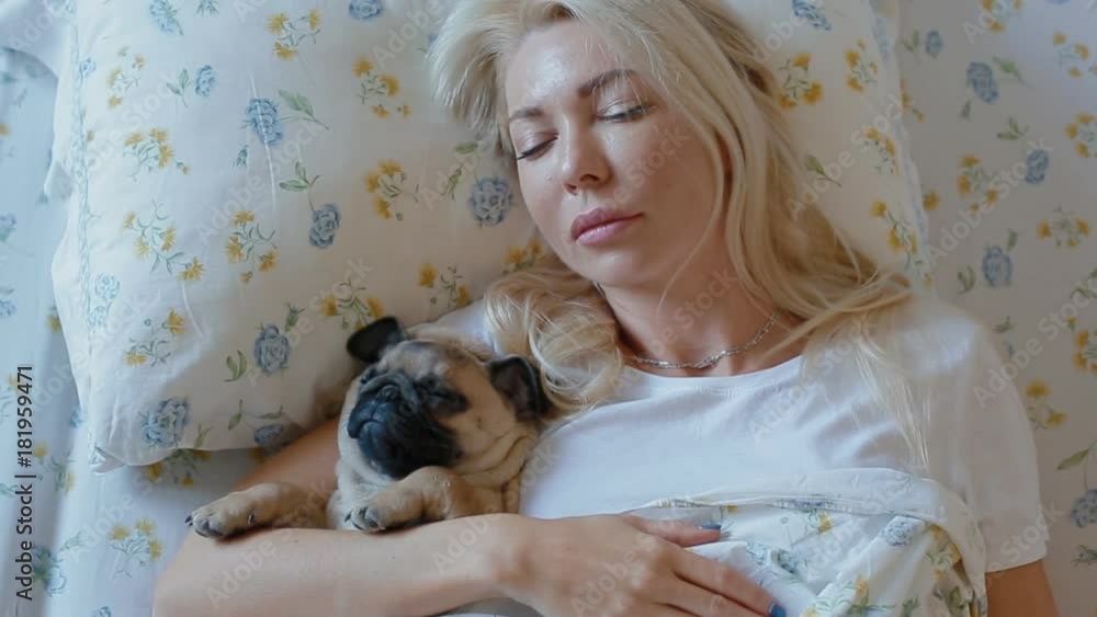 Caucasian woman embracing the puppy pug laying in the bed. Sweet and tender scene. Top view. Caucasian woman embracing the puppy pug laying in the bed. Sweet and tender scene. Top view.