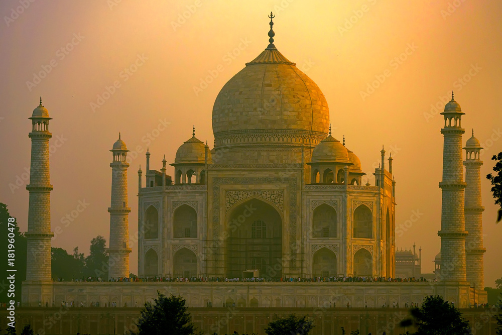 Taj Mahal scenic sunset view in Agra, India.