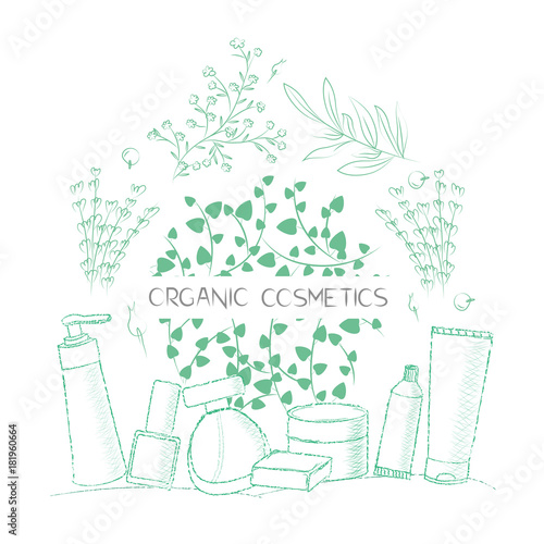 bottles and herbs design poster organic cosmetics