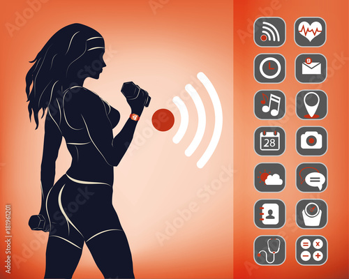 Woman training with smart watch and icons - fitness concept photo