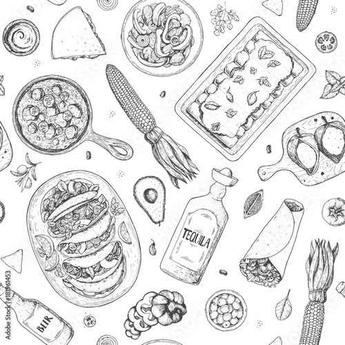 Mexican food seamless pattern. Menu design. Hand drawn vector illustration. Engraved style image. Classic mexican dishes.