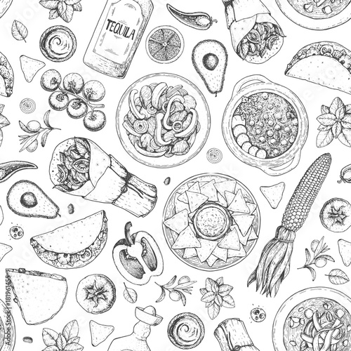 Mexican food seamless pattern. Menu design. Hand drawn vector illustration. Engraved style image. Classic mexican dishes.