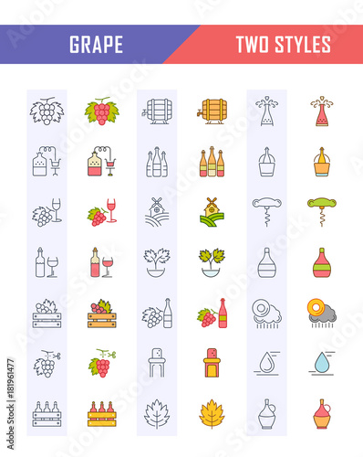 Set Vector Flat Line Icons Grape