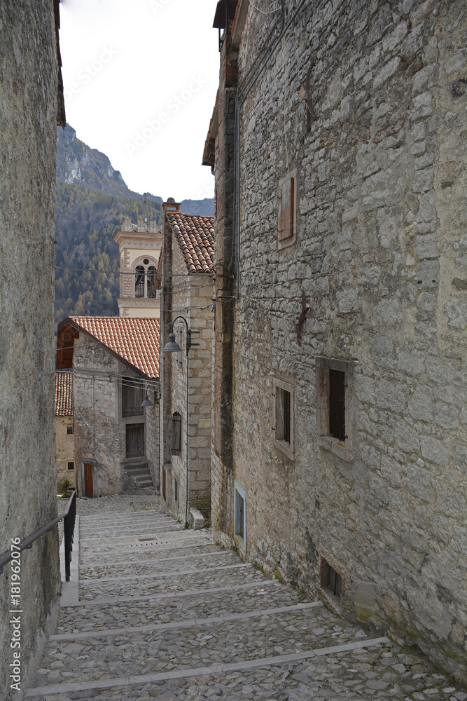 A small street in the hill village of Erto in Friuli Venezia Giulia, north east Italy. 