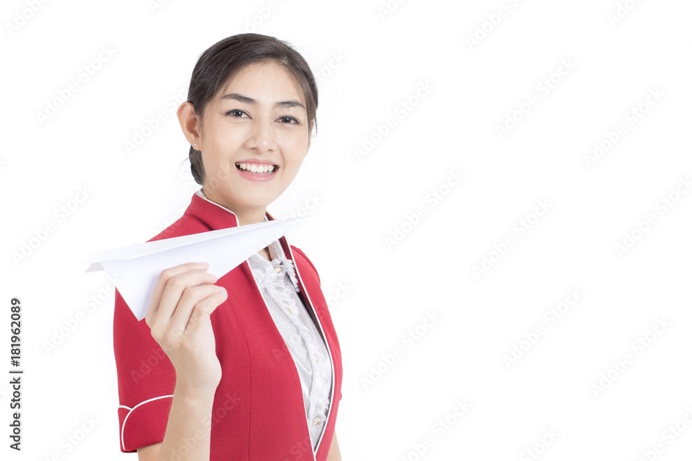 Portrait of Attractive Asian Air Hostess holdong paper airplane with White background, Woman stand and smile at isolated on white background, Woman with Air Hostess concept. Portrait of Attractive Asian Air Hostess holdong paper airplane with White background, Woman stand and smile at isolated on white background, Woman with Air Hostess concept.