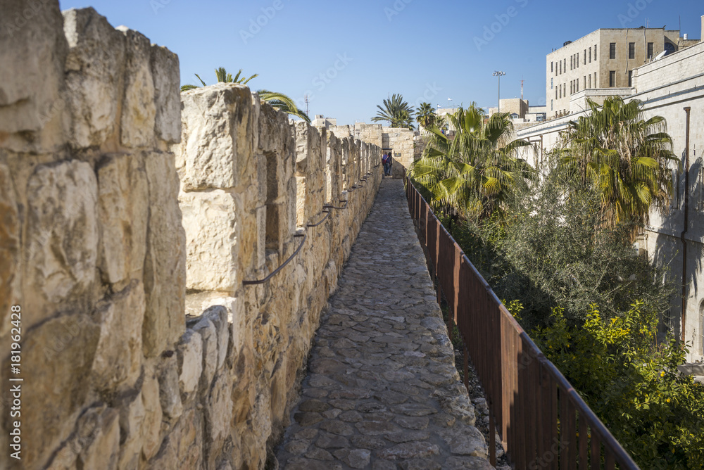 View of the wall promenade surrounding the Old City, Jerusalem, Israel