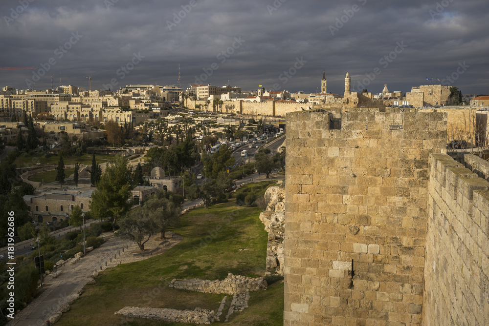 View of Ramparts Walk and city, Golden Gate, Jerusalem, Israel