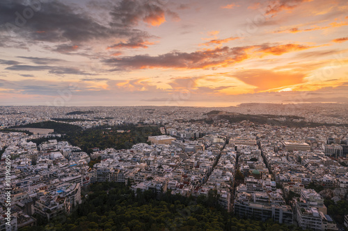 View of Acropolis and city of Athens from Lycabettus hill at sunset, Greece. 