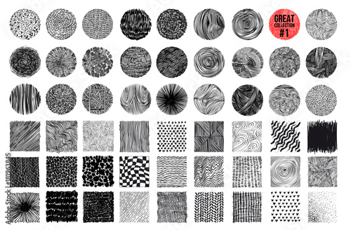 Hand texture. Set. The art collection of black design elements_circles, brush, wavy lines, abstract backgrounds, patterns. Vector illustration EPS 10. Isolated on white background. Freehand drawing