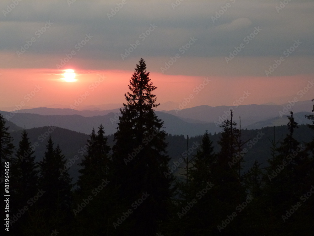 The sunset in the Ukrainian Carpathians.