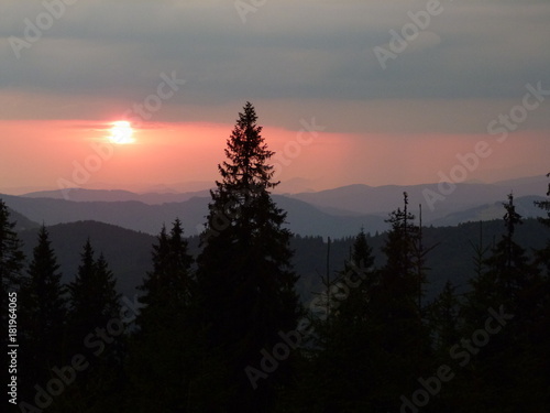 The sunset in the Ukrainian Carpathians.