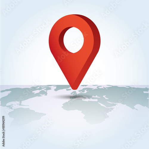 Map Pointer symbol on a global map. Flat Isometric Icon or Logo. 3D Style Pictogram.
