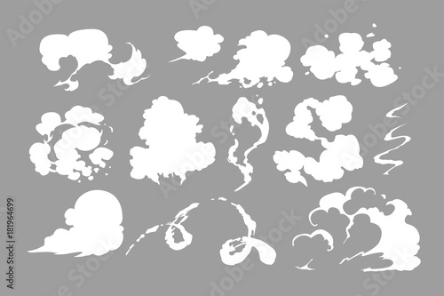Steam clouds set. Cartoon white smoke vector Illustration. Fog flat isolated clipart for design, effects and advertising posters