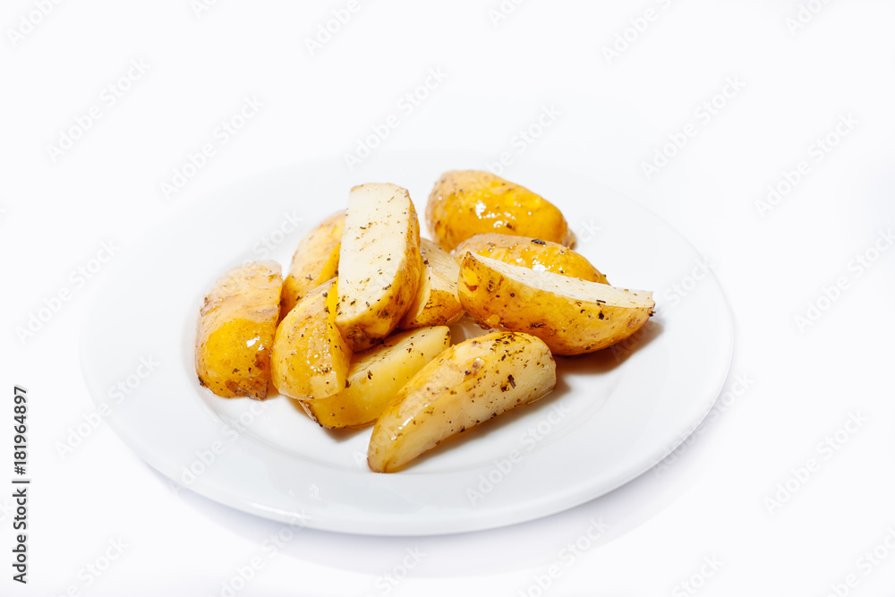 Fried potatoes on a white background.
