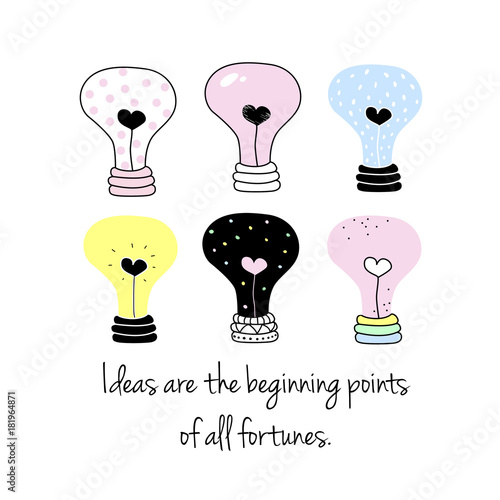 Icons of lamp bulb as sign of innovation business success  or modern design idea and creativity concept innovation vector illustration with text. Cute hand drown doodle sketch style with hearts