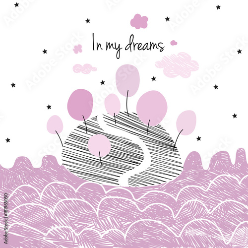 Dream world with island, sea, stars, clouds and road to the sky vector illustration. Daydream illusion for postcard, greeting cards, print, ads poster and web design