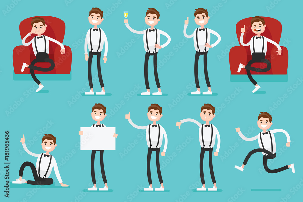 Presentation set of a clerk guy in casual clothes in different poses in armchair. Startup office character for your business project. Vector illustration in a flat style for poster, ads and print Presentation set of a clerk guy in casual clothes in different poses in armchair. Startup office character for your business project. Vector illustration in a flat style for poster, ads and print