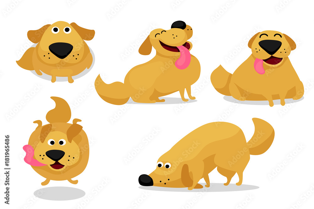 Funny playing happy child dog vector illustration set. Doodle cheerful golden labrador retriever puppies begging, jumping and sniffing for postcard, greeting cards, print, ads poster and web design Funny playing happy child dog vector illustration set. Doodle cheerful golden labrador retriever puppies begging, jumping and sniffing for postcard, greeting cards, print, ads poster and web design