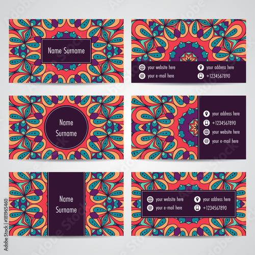 Set of business cards with floral mandala ornaments. Vector illustration