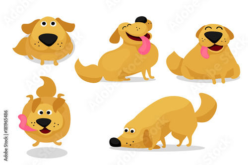 Funny playing happy child dog vector illustration set. Doodle cheerful golden labrador retriever puppies begging, jumping and sniffing for postcard, greeting cards, print, ads poster and web design