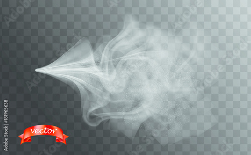 Perfume aerosol water spray,cosmetic vial pulverizer white smoke design.Drops,dust and dots cloud,atomizer mist. Fog vector effect. Insecticide particles.Boiling kettle steam on transparent background