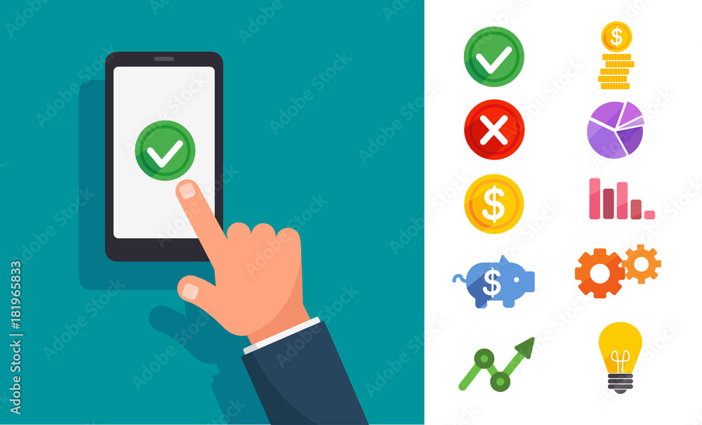 Green round acceptance check button on smartphone. App registration or login success. Modern flat vector icon set with accept, decline, arrow, graph mark, idea, money sign for ads, presentation design Green round acceptance check button on smartphone. App registration or login success. Modern flat vector icon set with accept, decline, arrow, graph mark, idea, money sign for ads, presentation design