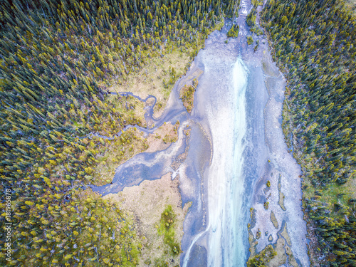 Aerial view of Bow river tributary, Banff National Park, Alberta, Canada