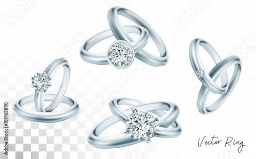Wedding rings set of silver, palladium metal with diamonds, zircons and gems on transparent background isolated vector illustration for ads, flyers, wed site sale elements design