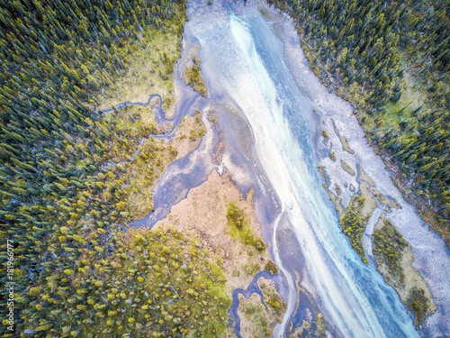 Aerial view of Bow river tributary, Banff National Park, Alberta, Canada