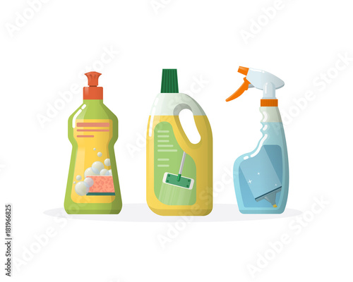 Set household, cleaning products for windows, floors, in plastic bottles.