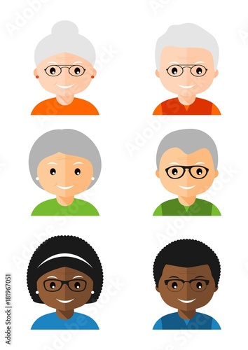 Set of old people avatars icons. Avatars portraits grandfather and grandmother. Characters for web. Vector illustration in flat style isolated on white background.