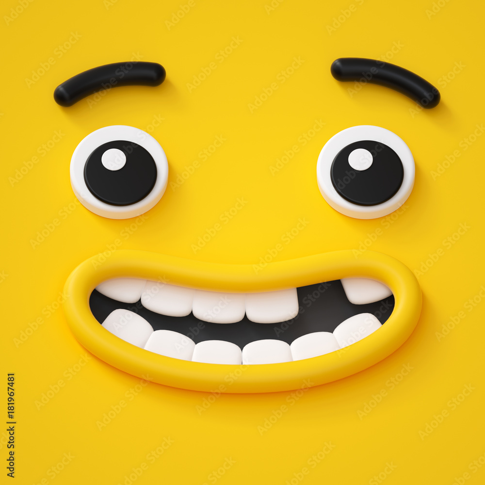 3d render, cute childish face, toothless smile, amazed emotion, emoji