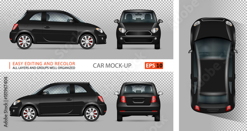 Mini car vector mock-up for advertising, corporate identity. Isolated black minicar template on transparent background. Vehicle branding mockup. View from side, front, back, top.