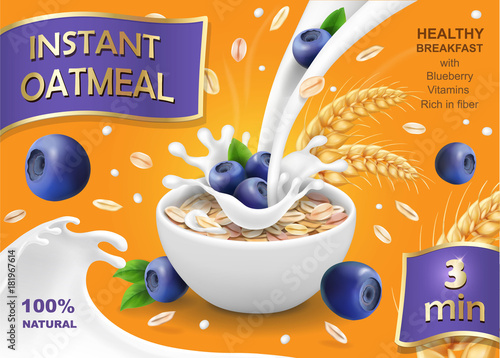 Instant oatmeal with milk, blueberry and oat advertising, vector illustration