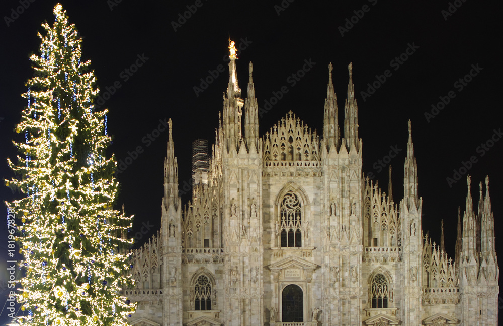 christmas tree and facade of the cathedral in december in milano, italy