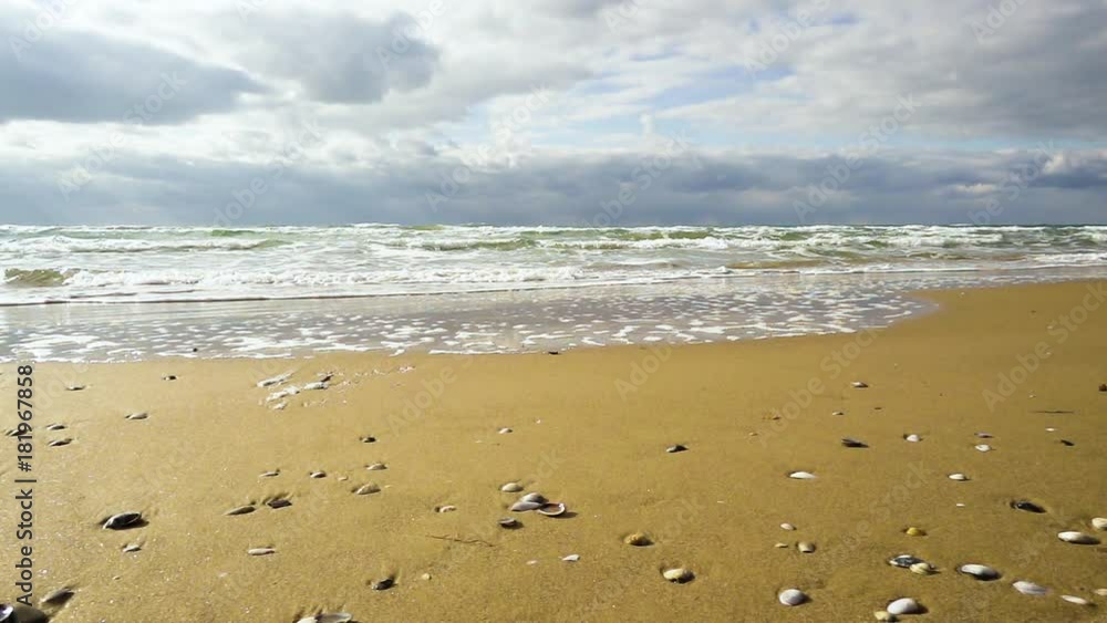 Super Slow Motion Wave rolls to the sandy beach with sea shells Super Slow Motion Wave rolls to the sandy beach with sea shells