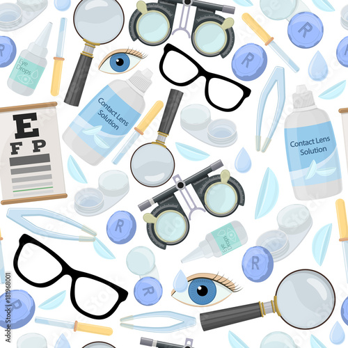 Seamless pattern of medical optometry accessory for correct vision - contact lens,  solution, lens case eye test chart, glasses. Vector