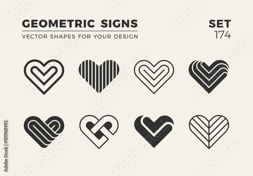 Set of eight minimalistic trendy shapes. Stylish vector logo emblems for Your design. Simple creative geometric signs collection.