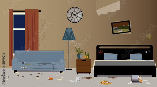 Dirty hotel room interior, EPS 8 vector illustration, no transparencies