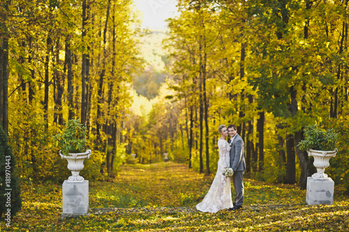 The couple walk on a beautiful autumn alley 19.