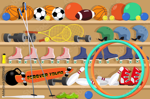Shelves filled with sport equipment in a school gym, EPS 8 vector illustration