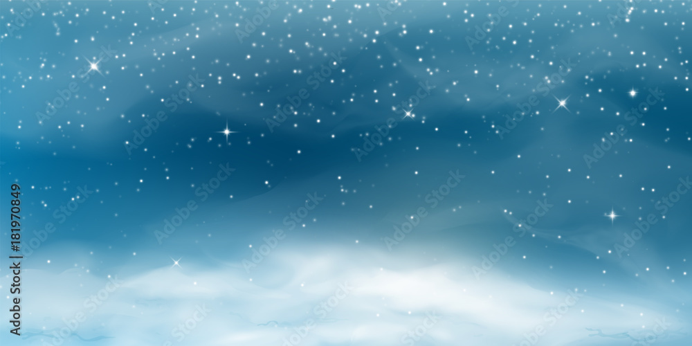 Fototapeta premium Falling snow. Winter christmas landscape with cold sky, blizzard