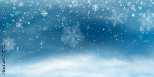 Snow background. Winter christmas landscape, blizzard, blurred snowflakes photo