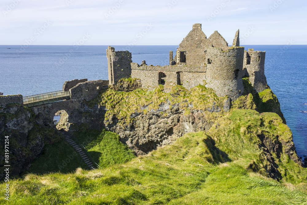 Dunluce Castle (Irish: Dún Libhse), a now-ruined medieval castle located on the edge of a basalt outcropping in County Antrim, Northern Ireland