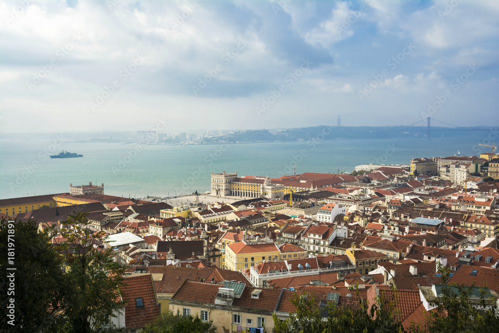 Lisbon from above: view of Baixa  district and  Rio Tejo (River Tagus) from Castelo de Sao Jorge