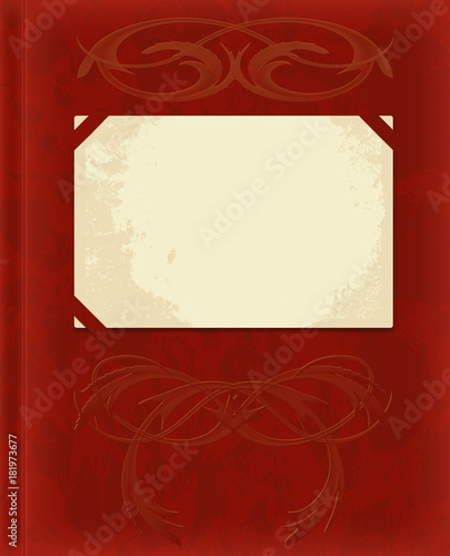 realistic vector Burgundy velvet cover, vintage photo album with ornament and inserted a blank old photos
