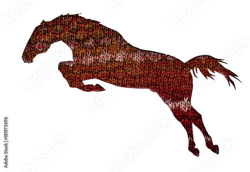Knitted element of burgundy, brown, beige colors in the form of a horse. An example of knitted fabric and knitting. Background for friends. Fashionable sketch. Eco style,Boho style.