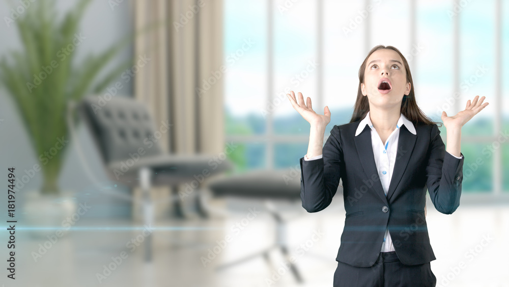 Young beautiful business woman and creative designer standing over blured interior background Young beautiful business woman and creative designer standing over blured interior background