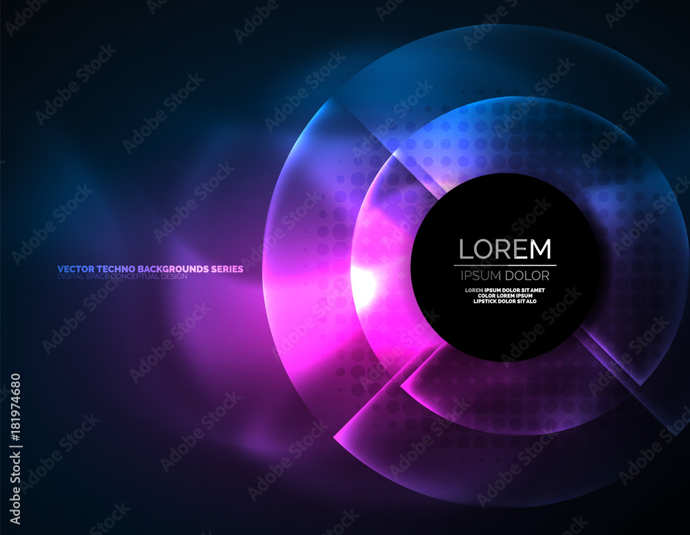 Circular glowing neon shapes, techno background Circular glowing neon shapes, techno background
