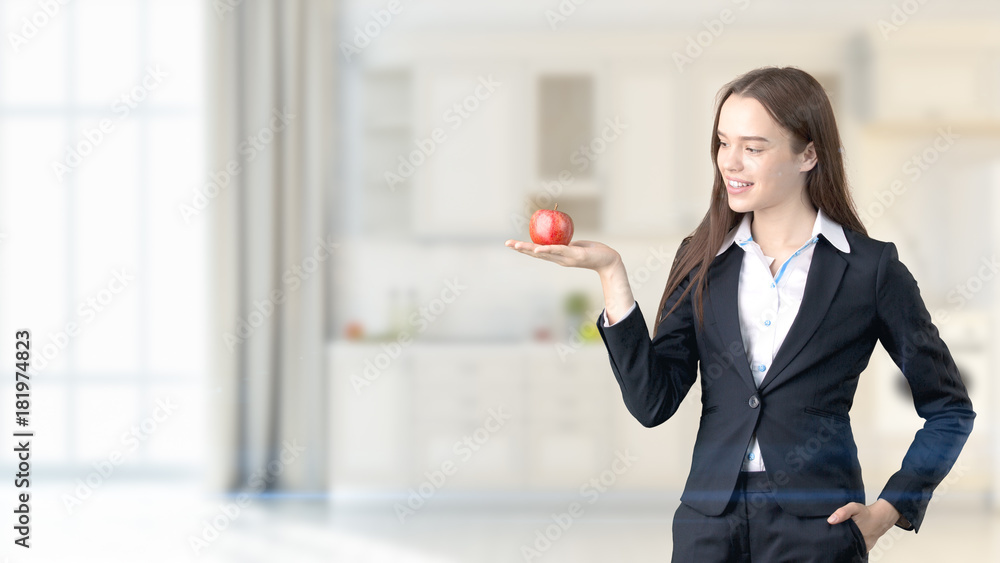 Young beautiful business woman and creative designer standing over blured interior background Young beautiful business woman and creative designer standing over blured interior background